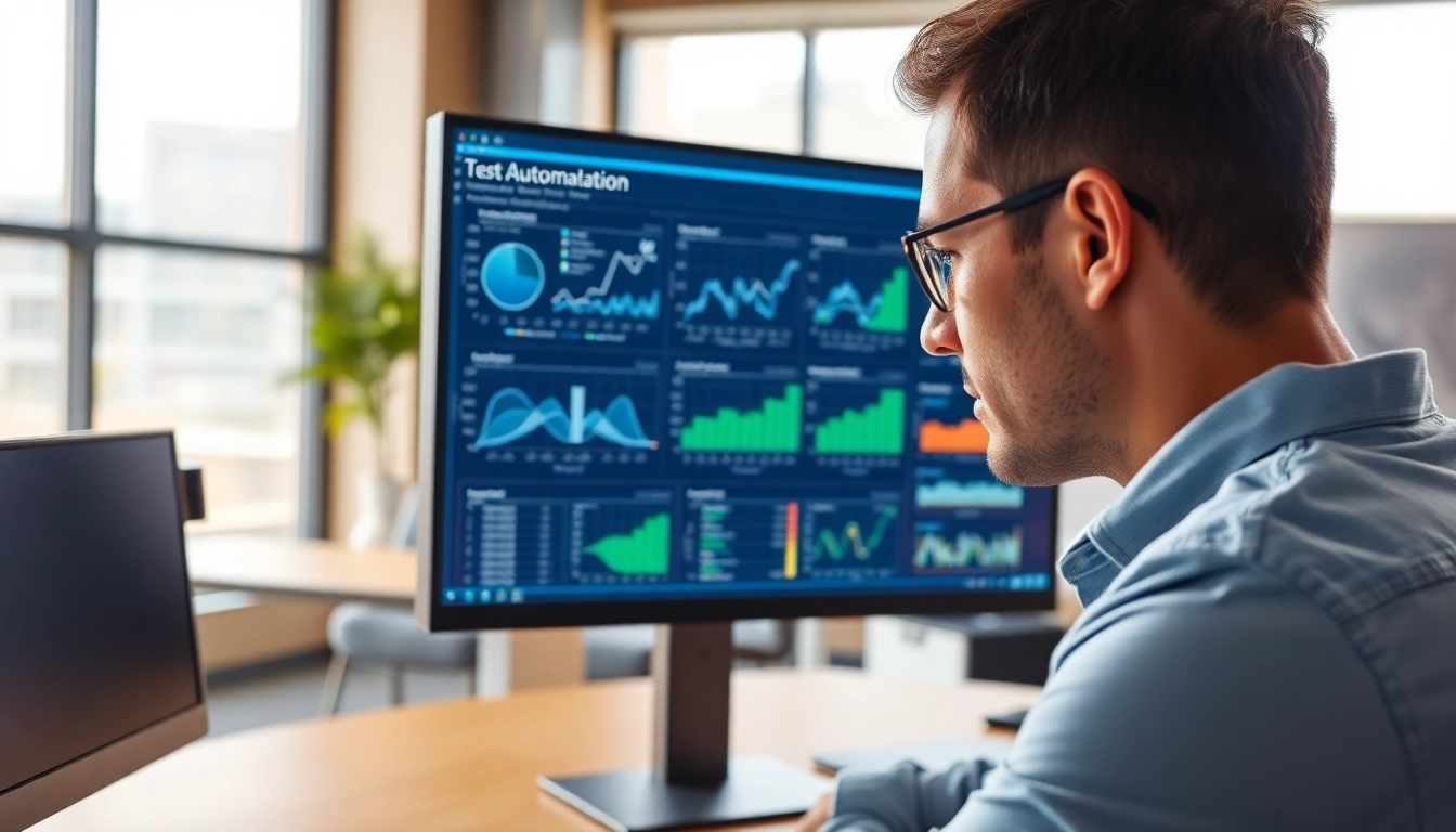 Analyze performance metrics using a test automation tool in a bright office environment.