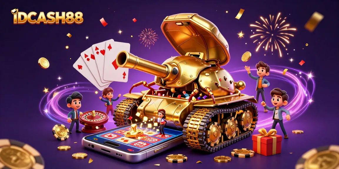 Engage in lively gameplay at IDCASH88 with a vibrant 3D casino illustration featuring a golden beetle tank.