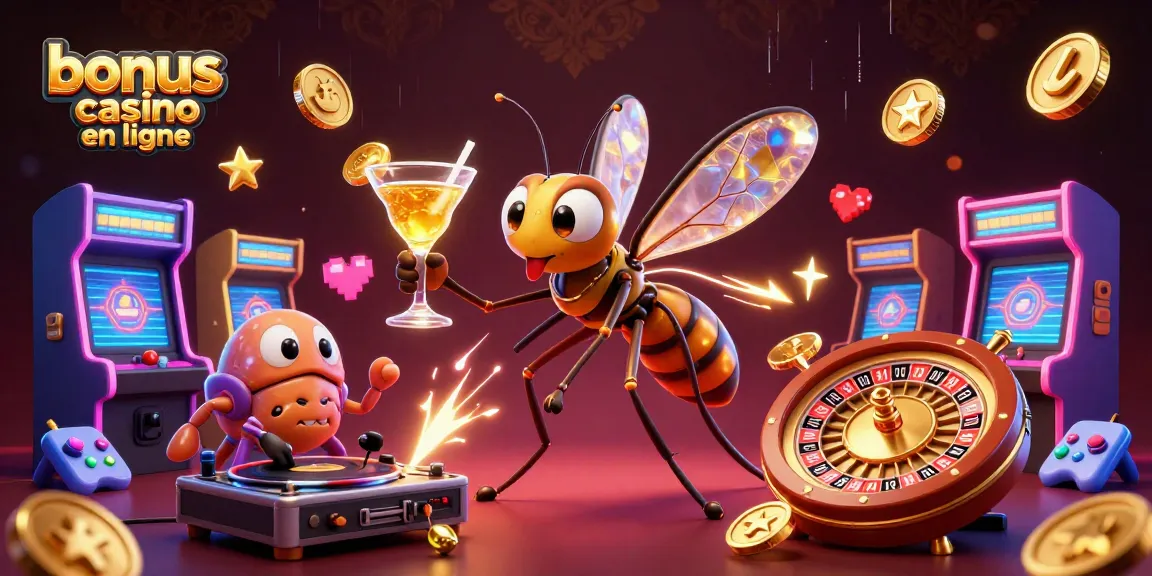 Profitez des bonus de casino en ligne avec une illustration dynamique et colorée mettant en scène des éléments de jeu captivants.