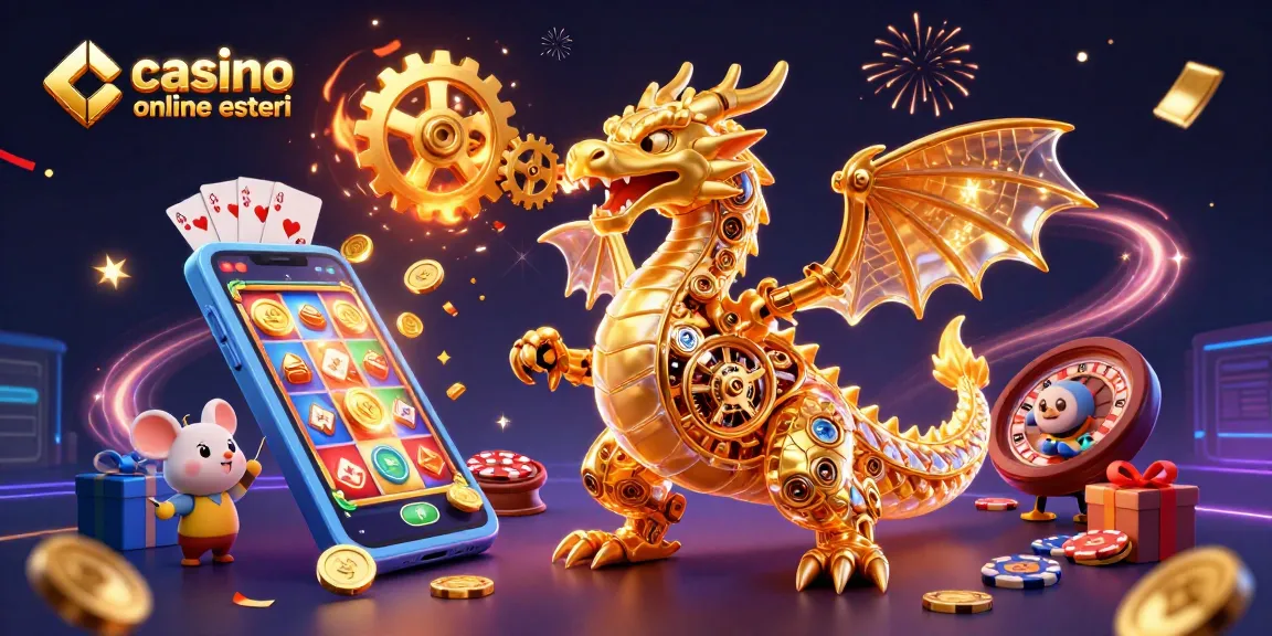 Gioca ai migliori bonus nei casinò online esteri con un drago meccanico e elementi di gioco vibranti.