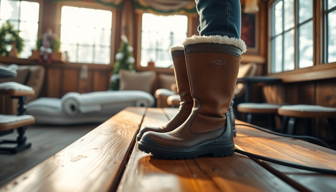 Boot dryers warming hiking boots in a winter lodge setting with natural light.