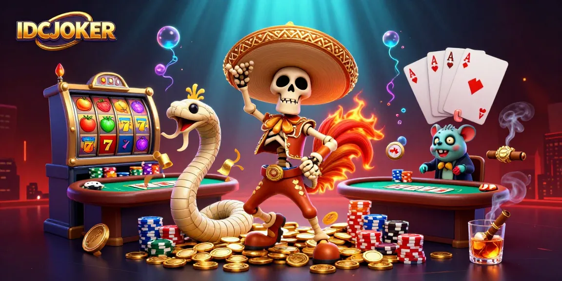 IDCJOKER features a lively scene with a dancing mariachi rooster, mummy snake, and DJ hamster celebrating casino wins.