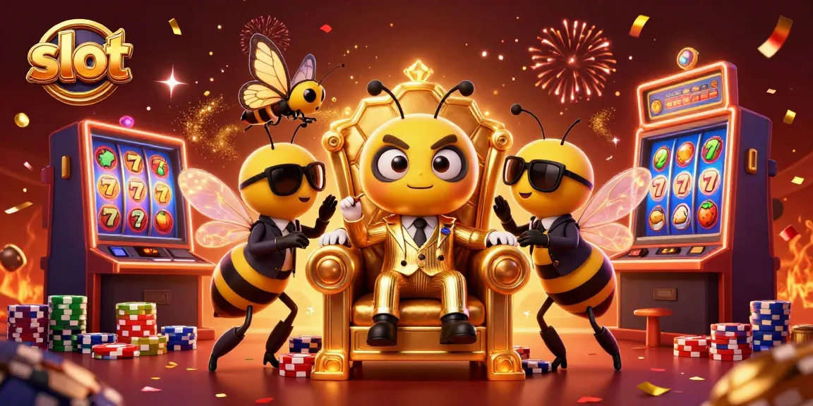 Spin the slot machine with a cartoon bumblebee mob boss reigniting excitement in a bustling casino scene.