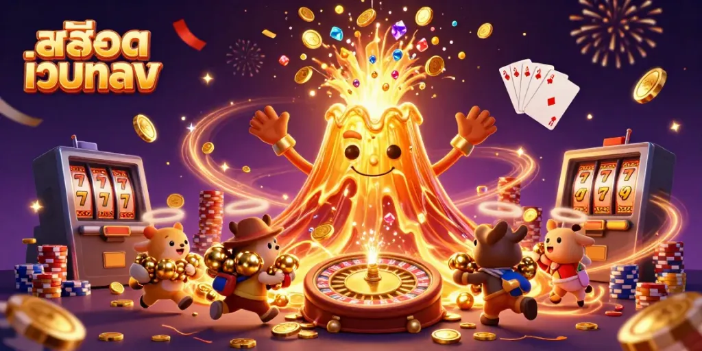 Engage in สล็อตเว็บตรง action with an erupting golden volcano and dynamic casino elements.