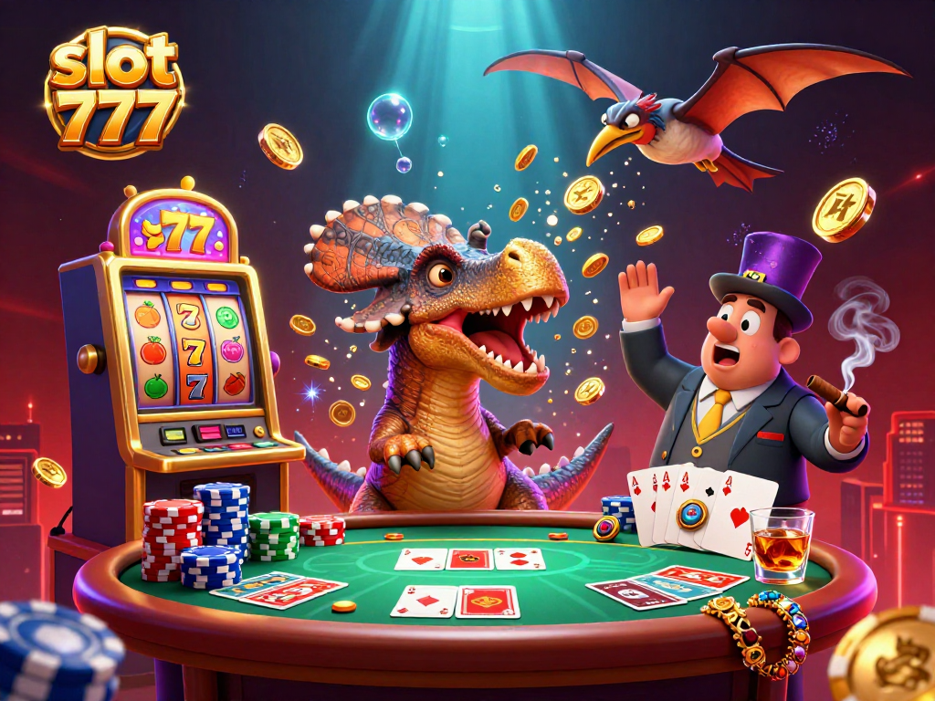 Experience slot 777 excitement with a cartoon pachycephalosaurus winning jackpots in a vibrant casino scene.