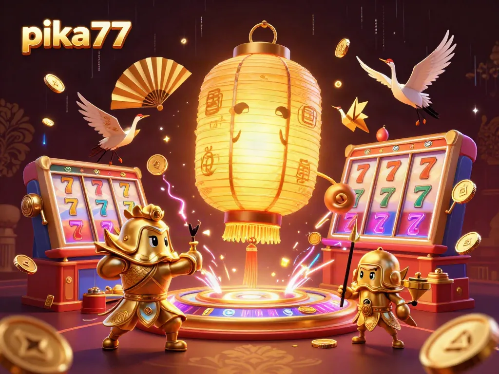Play exciting games at pika77, featuring dynamic slot reels and captivating golden characters