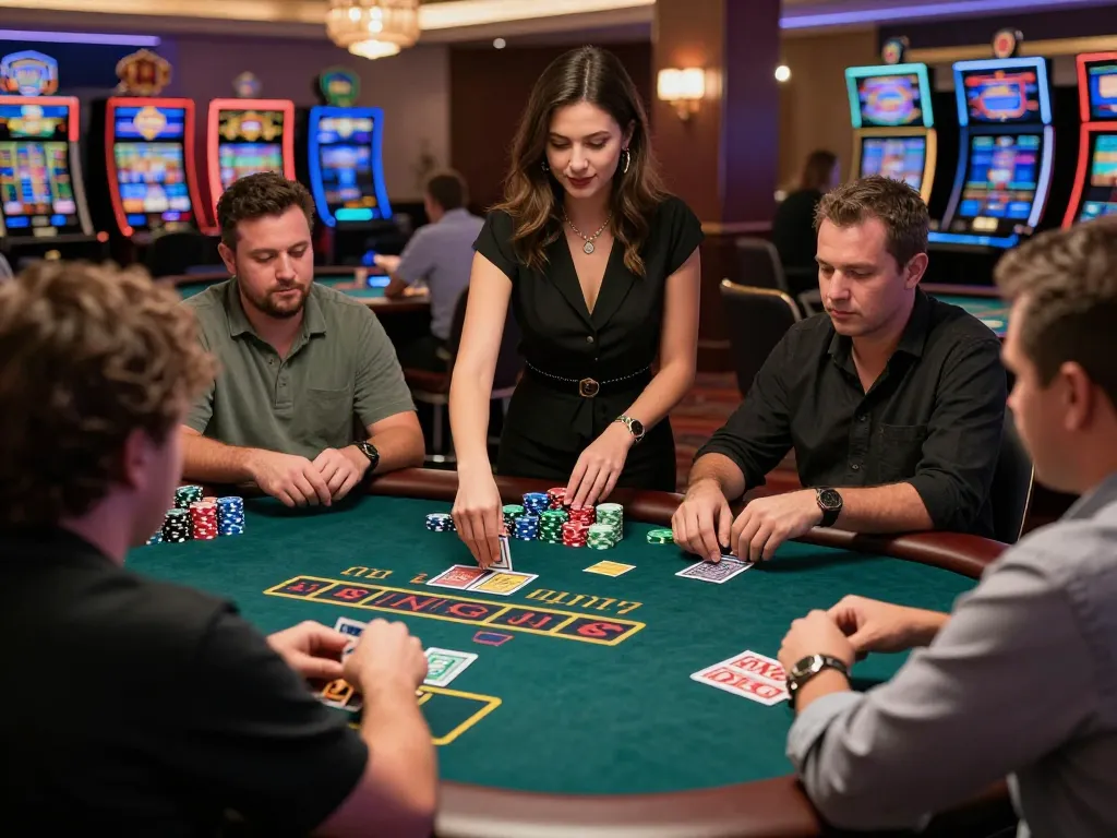 Players enjoying live blackjack at CM88, engaging with a professional dealer in a vibrant casino atmosphere.