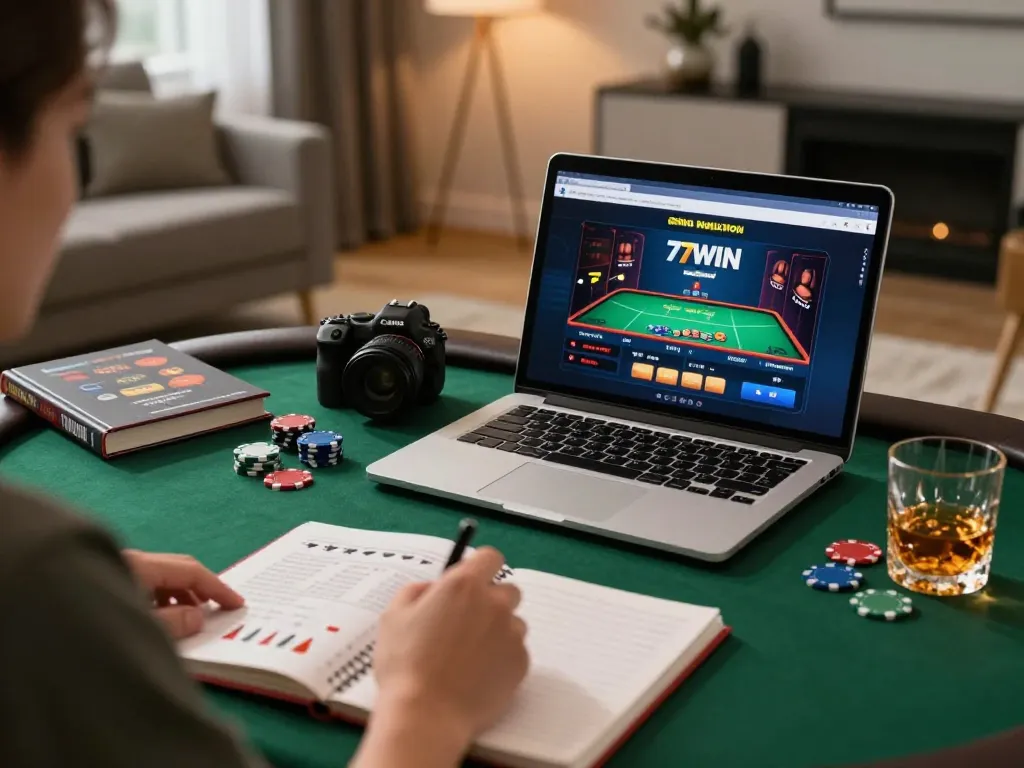 Engaging in exciting online poker gameplay on 77WIN with a cozy home setup and strategic notes visible.
