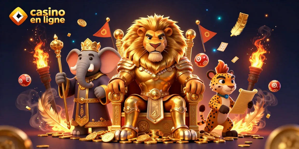 Une illustration du casino en ligne avec un roi lion, un éléphant et un guépard dans un décor dynamique.