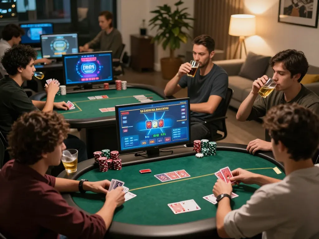 Excited players engaging in online poker at 92slot trang chủ, showcasing strategic gameplay and comfortable home setting.