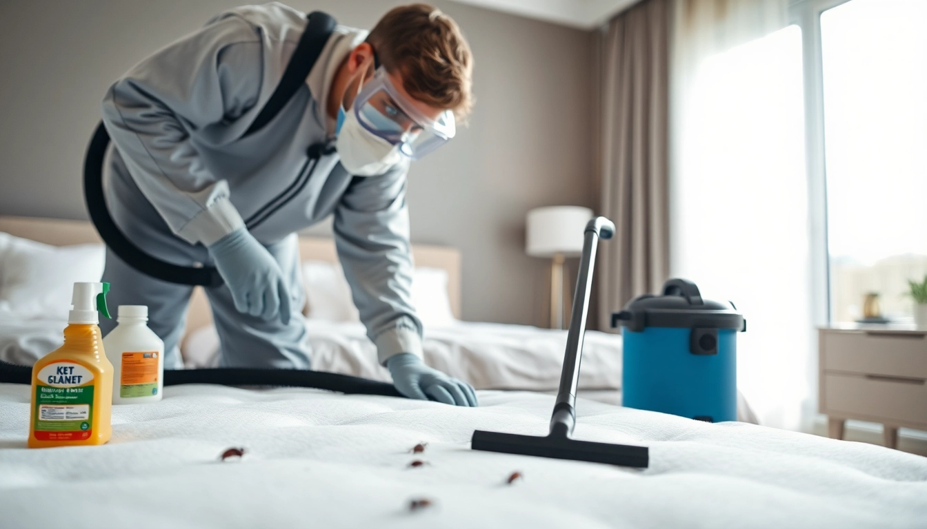 Engaging professional performing effective bed bug control in a clean bedroom setting.