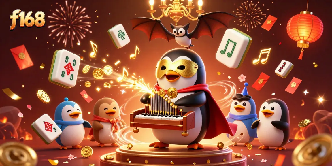 Experience the thrill of f168 with this vibrant scene featuring a penguin performing amidst golden musical notes.
