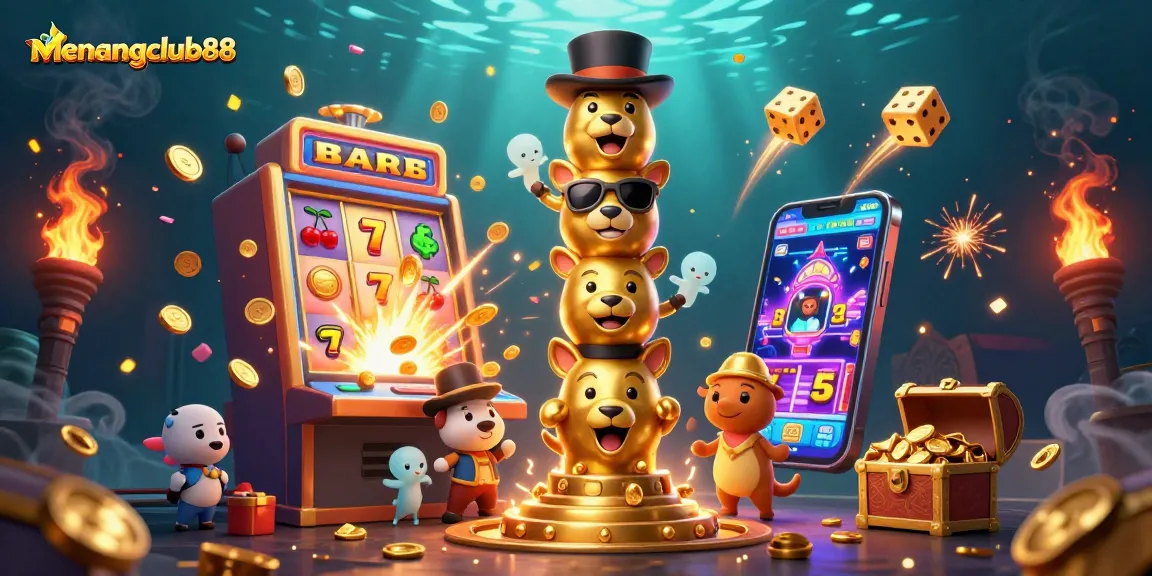 Experience the excitement of menangclub88 with vibrant casino elements featuring golden totem poles and bursting jackpots.