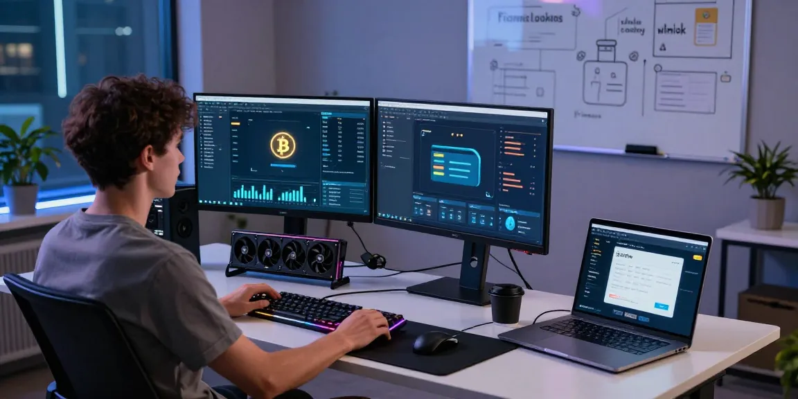 Mining bitcoin online in a modern cryptocurrency workspace with multi-monitors, blockchain mining software, and digital wallet security.