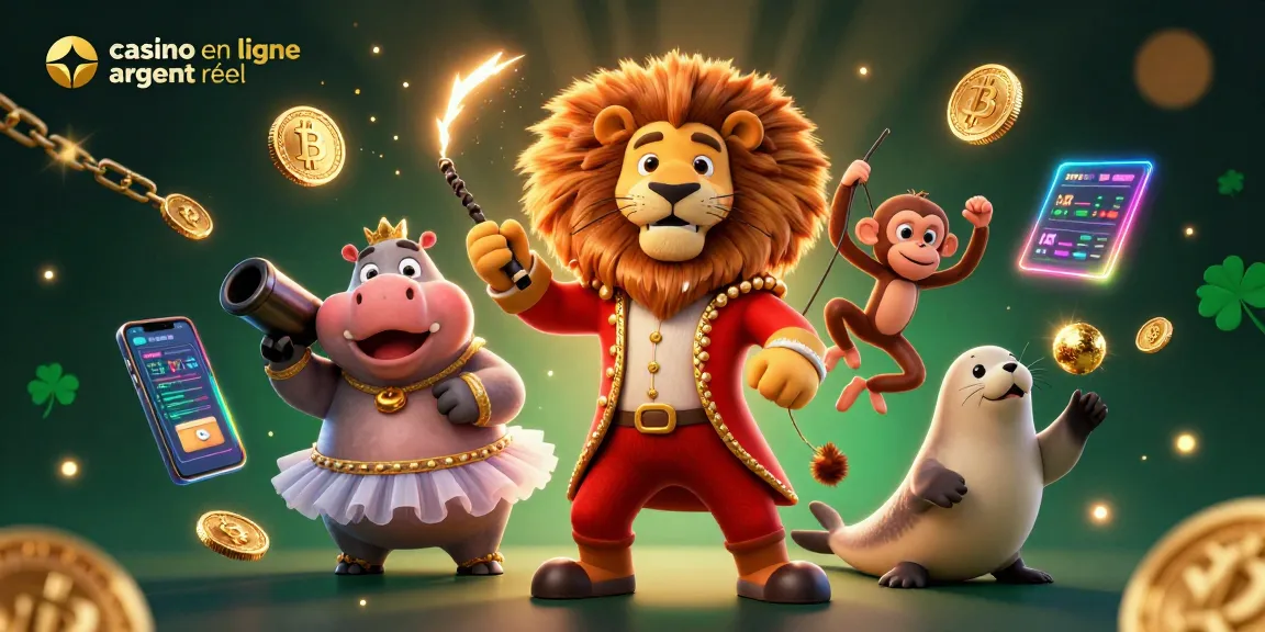 Visuel dynamique de casino en ligne argent réel avec un lion maître de cérémonie et ses compagnons.