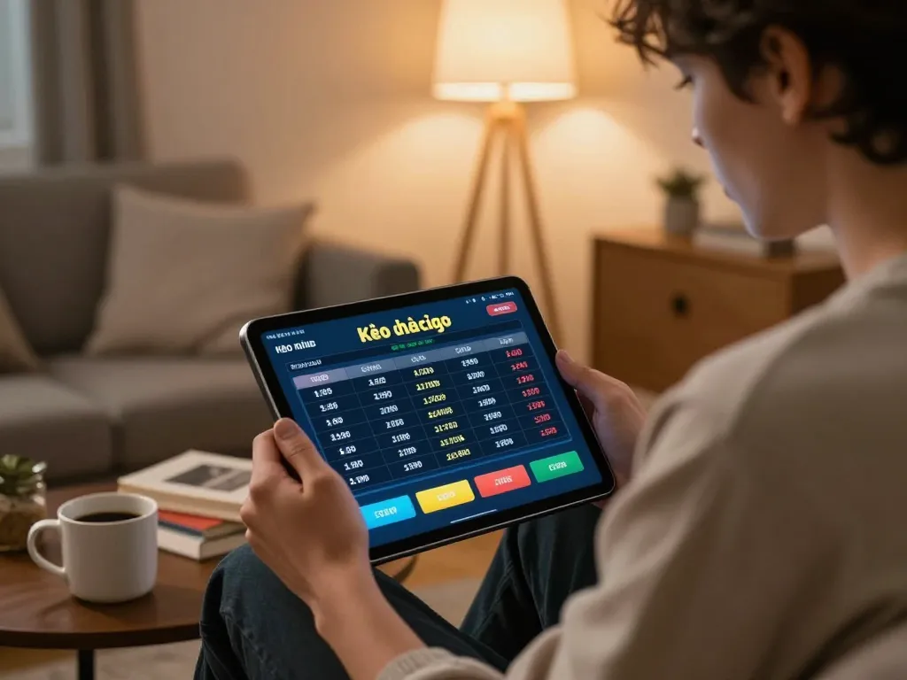 Engaging scene of kèo nhà cái betting interface on a tablet, emphasizing excitement of online gambling.