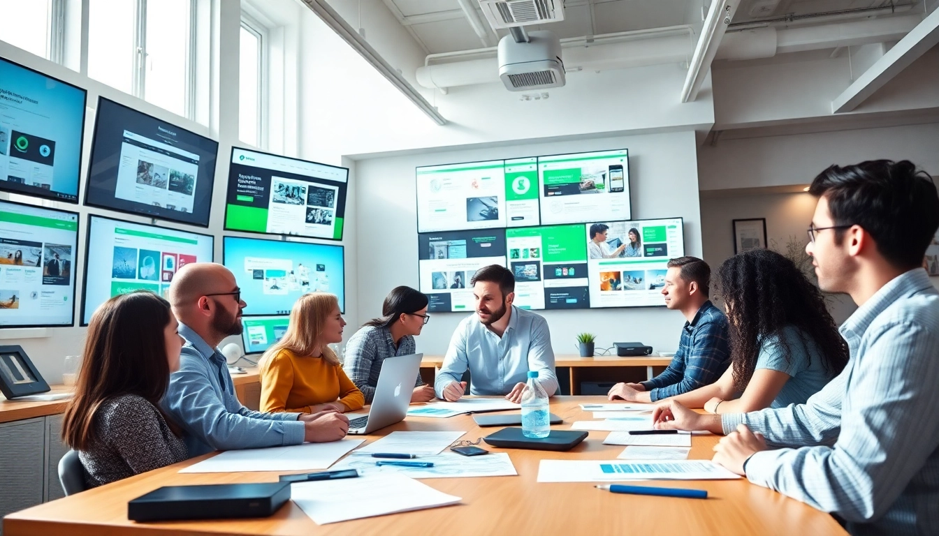 Webdesign Agentur brainstorms creative ideas in a modern workspace with vibrant designs.