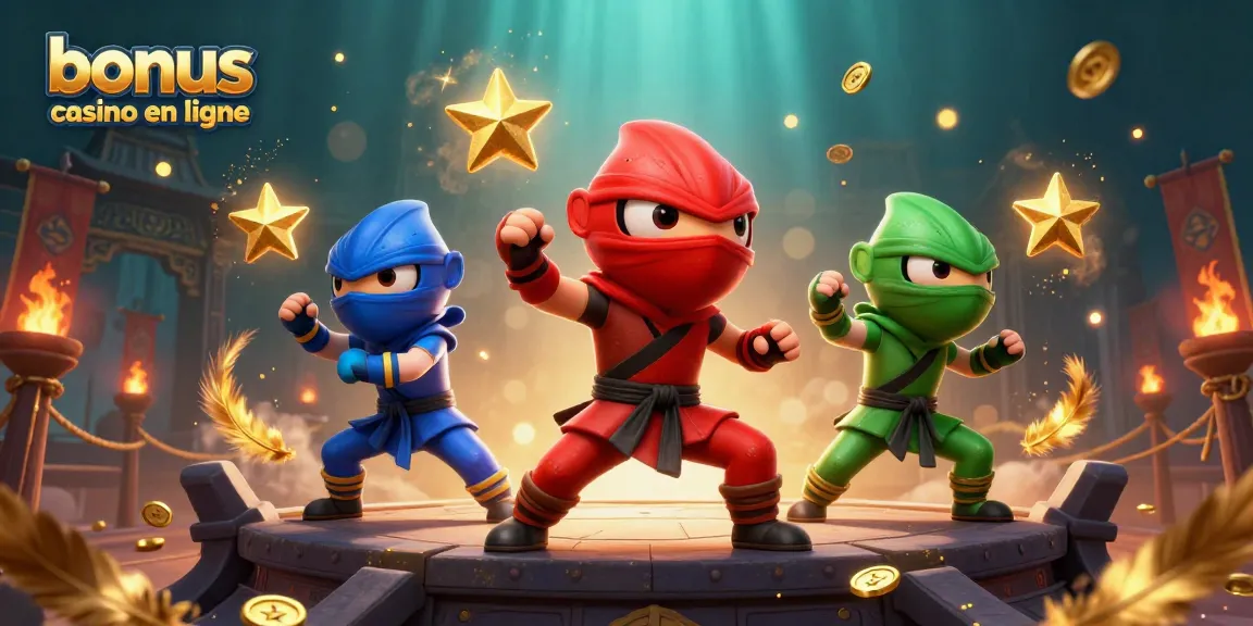 Jouez aux meilleurs bonus casino en ligne avec une équipe de caméléons ninja en action.