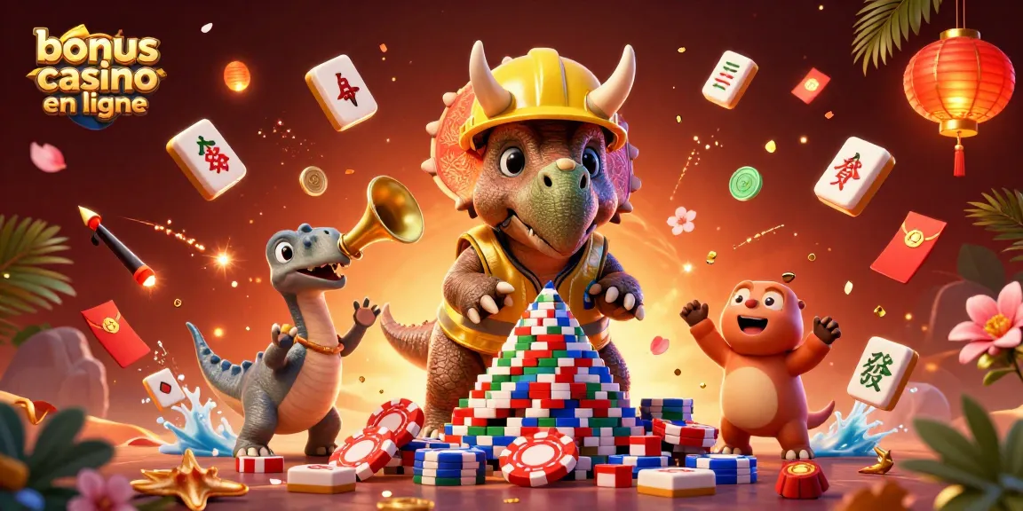 Profitez d'offres de bonus casino en ligne avec un triceratops qui construit une pyramide de jetons de poker.