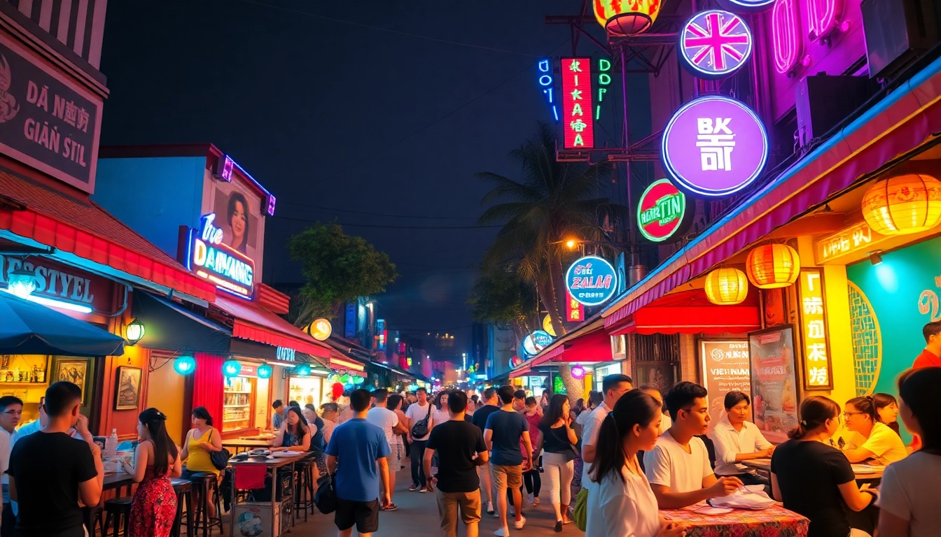 Explore the vibrant 다낭밤문화 with lively nightlife scenes, showcasing colorful bars, neon lights, and cultural elements.