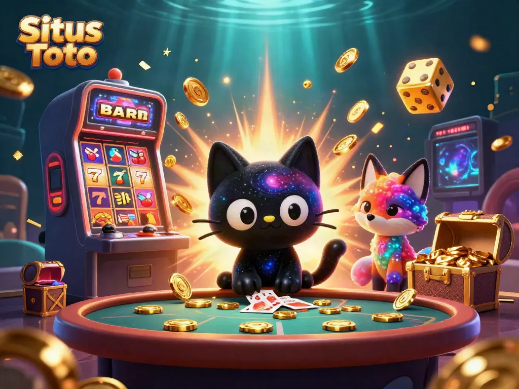 Situs Toto menghadirkan kucing hitam 3D menarik di meja kasino dengan efek jackpot dan kemewahan.
