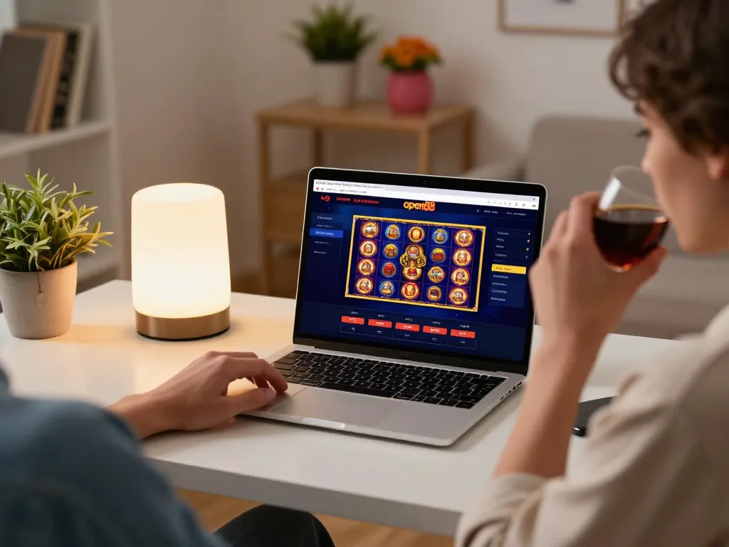 Engaging user enjoying slots on open88 via laptop, showcasing an inviting home gaming atmosphere.