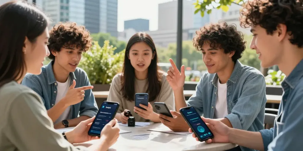 Group of young adults using a mobile app for the 预测市场平台 in an urban café, capturing community engagement and innovation.