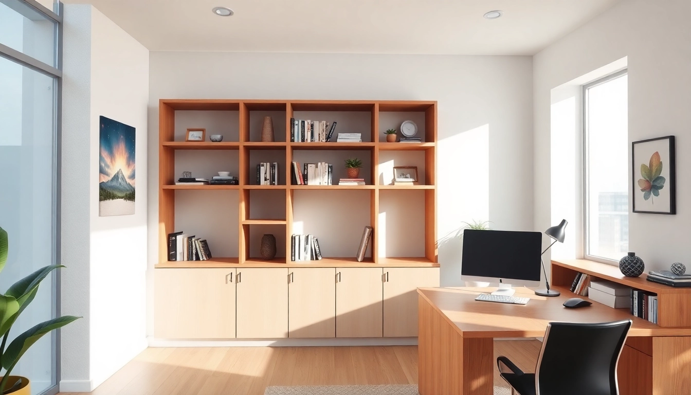 Showcasing built-in shelving contractor westchester craftsmanship in a modern office setting.