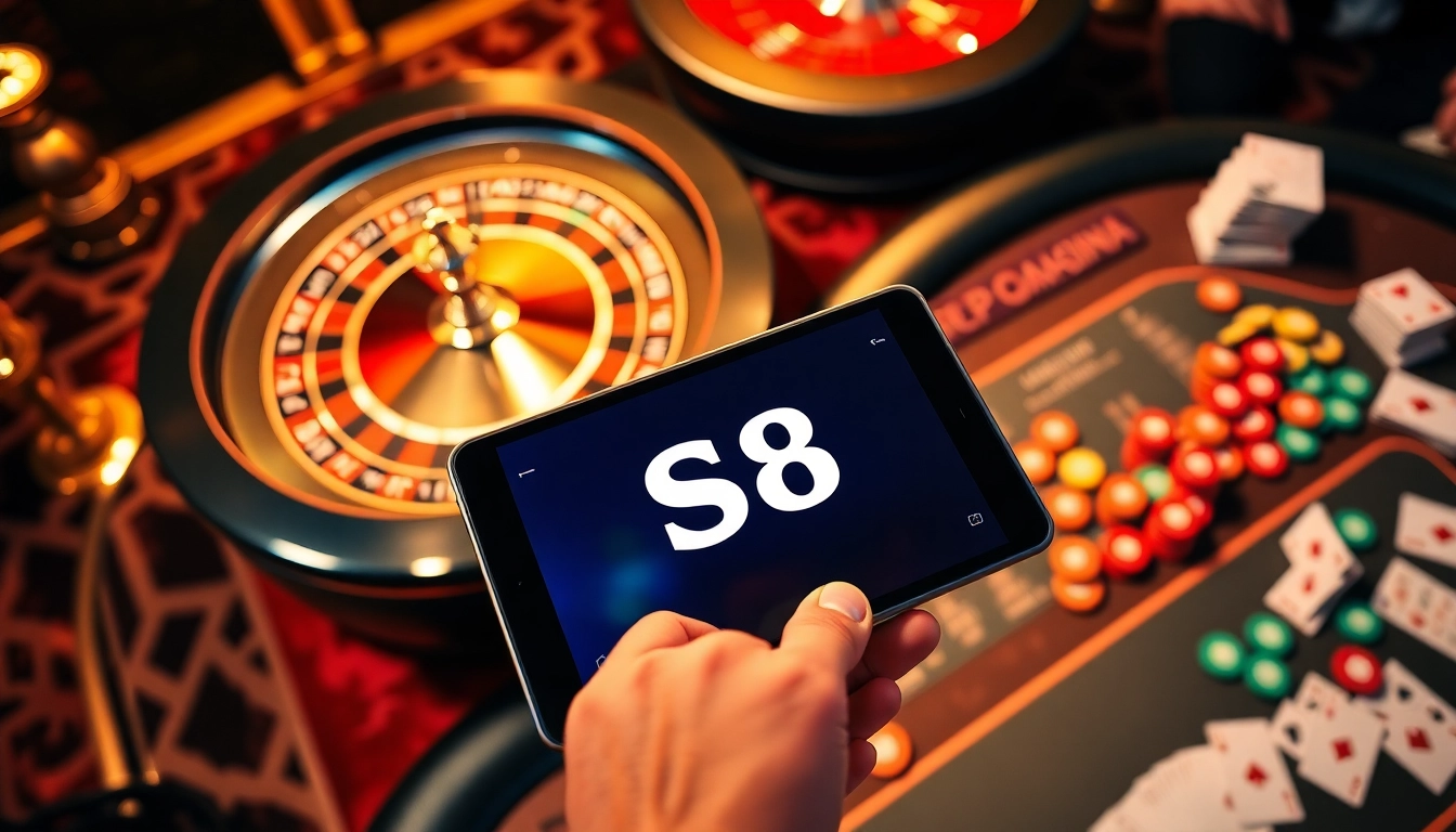 Exciting S8 online gambling scene with roulette wheel, poker table, and vibrant chips.
