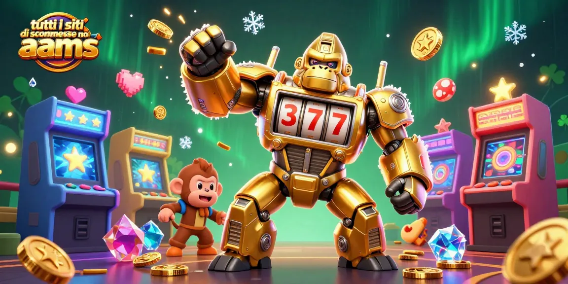 Visualizza i migliori siti di scommesse non AAMS con un mech gorilla d'oro e slot machine.