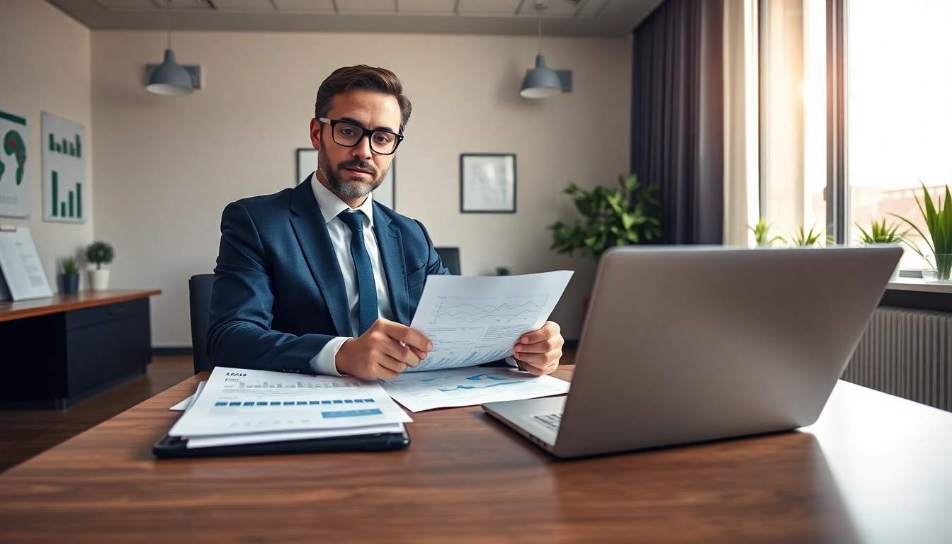 SMSF auditor reviewing financial records in a professional office setting.
