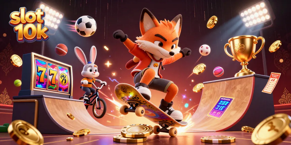 Experience thrilling action with slot 10k in this dynamic 3D illustration of a skateboarder fox and BMX rabbit.