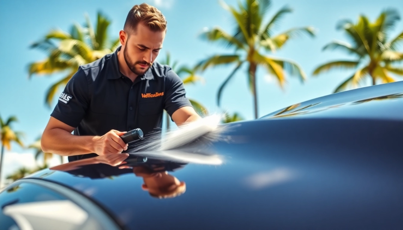 Experience Miami mobile detailing with a technician expertly cleaning a luxury vehicle under the sun.