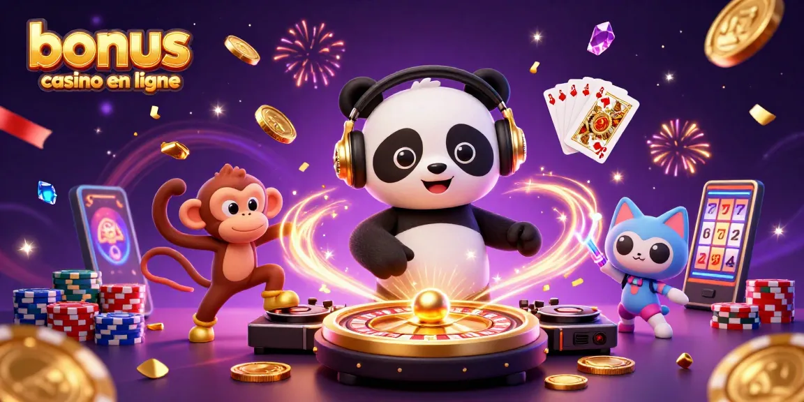 Vibrez avec le bonus casino en ligne au cœur d'une fête animée de casino, illustrée par un panda DJ.