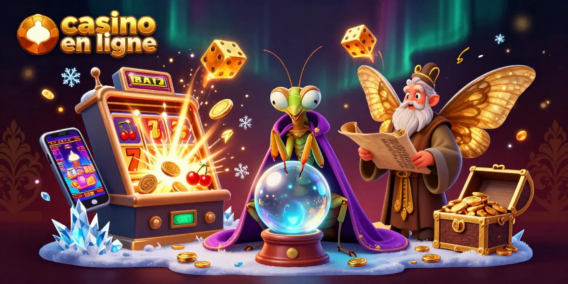 Image captivante représentant un casino en ligne animé avec des personnages mystiques et des machines à sous.