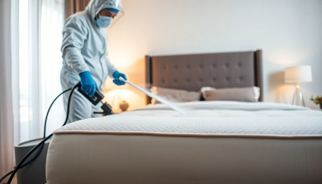 Technician performing bed bug removal treatment in a clean, modern bedroom environment.