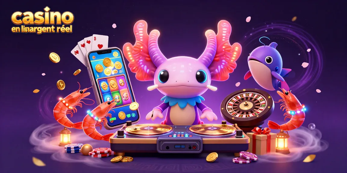 Jouez au casino en ligne argent réel avec notre illustration animée dynamique de jeux et de personnages colorés.