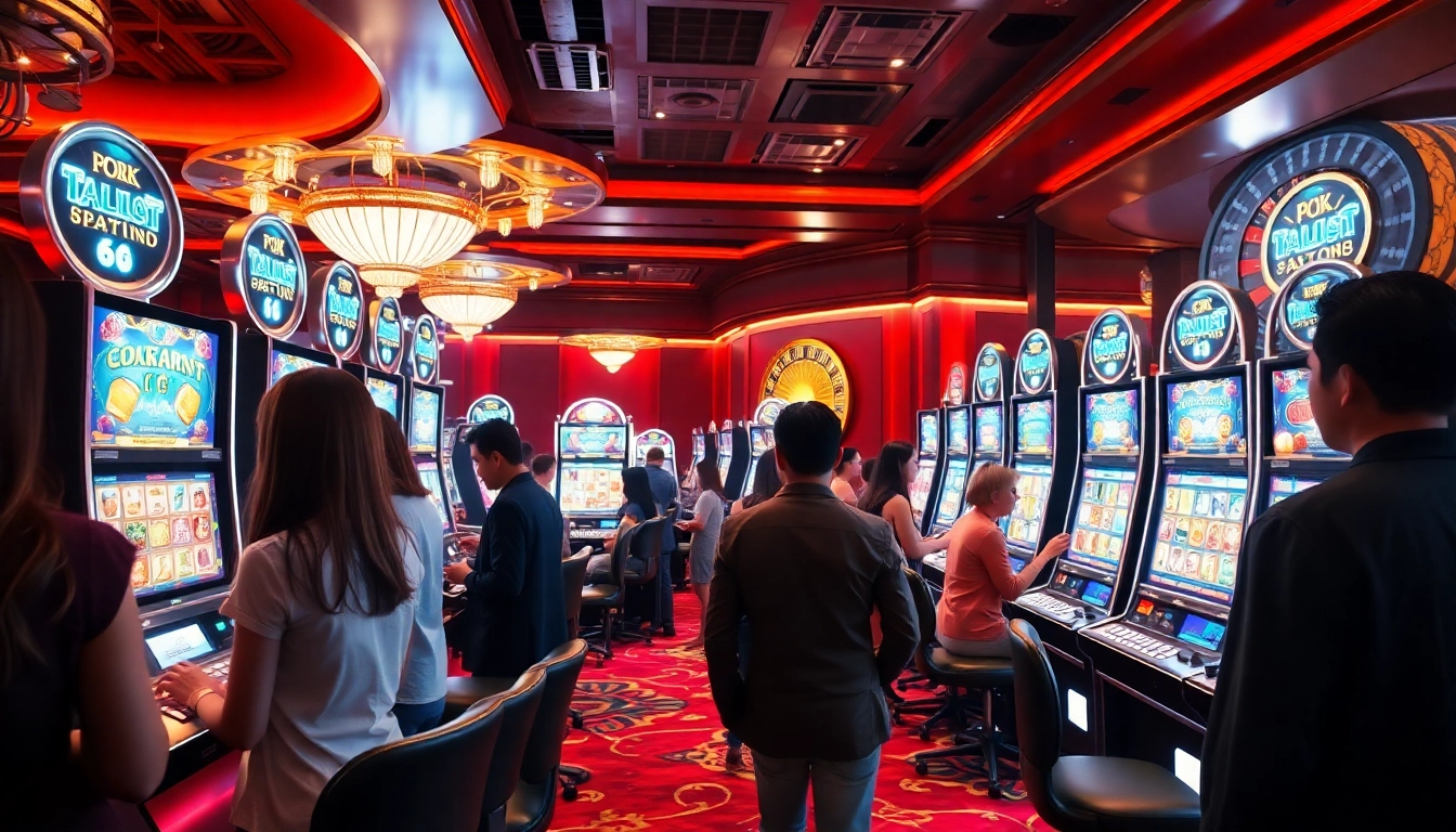 Players enjoying the thrills of slot bet kecil at vibrant casino machines, showcasing excitement and low-stakes fun.