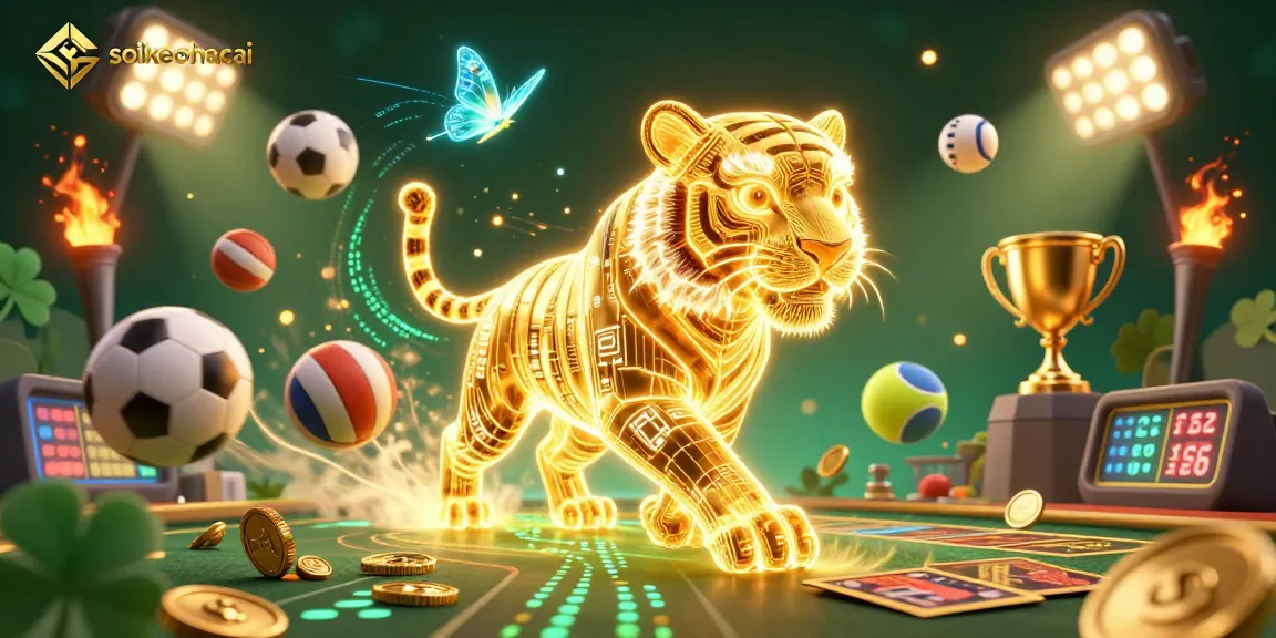 Engage with soikeonhacai's dynamic betting atmosphere as a golden tiger explores a digital casino landscape.
