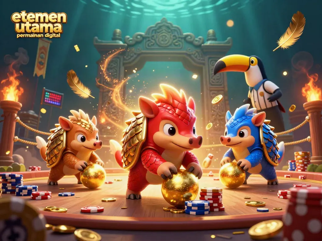 Ilustrasi 3D elemen utama permainan digital dengan pangolins dan poker chip dalam adegan kasino