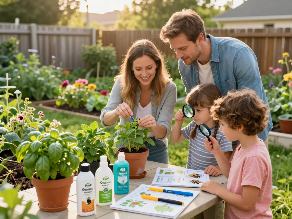 Practical pest control tips being shared by a family in a sunny garden, focusing on organic methods for plant care.