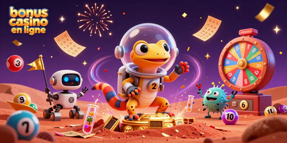 Profitez du bonus casino en ligne avec un gecko martien découvrant un casino doré sur Mars.