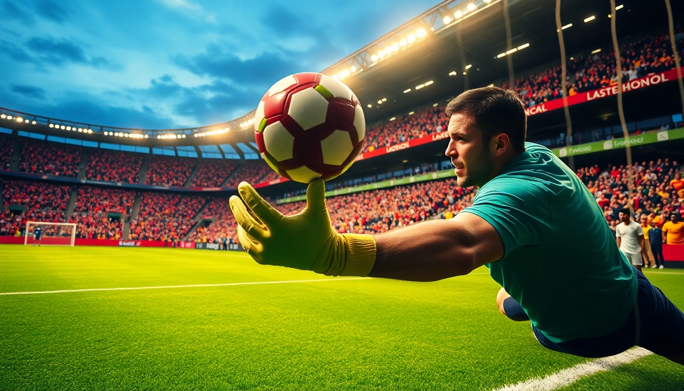 Goalkeeper's spectacular save in a vibrant stadium showcased with ผลบอลสด7m highlights.