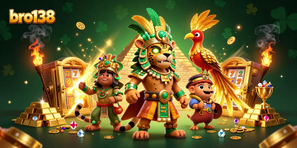 Win big at bro138 with this vibrant scene featuring slots, gold treasures, and a Mayan jaguar priest.
