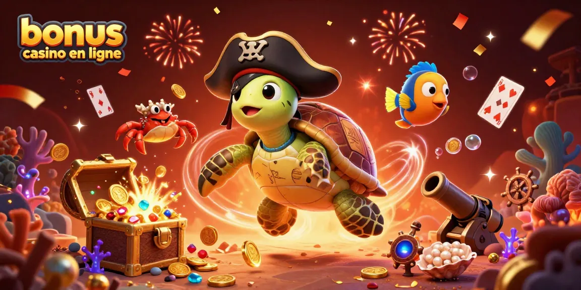 Bonus casino en ligne : Profitez d'une illustration festive avec une tortue pirate et une ambiance de trésor sous-marin.
