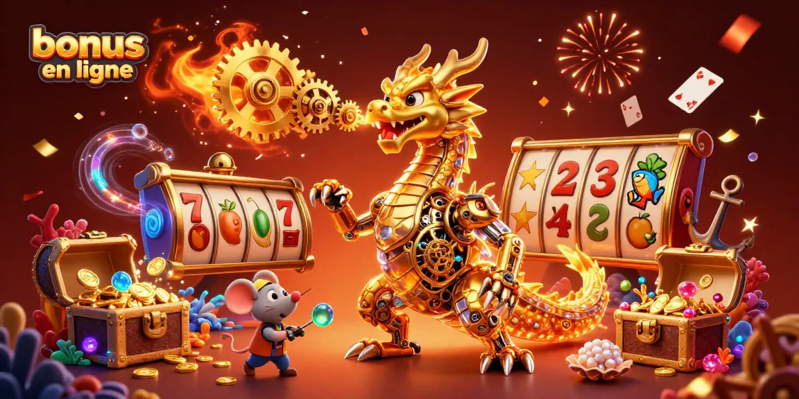 Obtenez des gains avec le bonus casino en ligne au milieu d'un dragon doré et des riches éléments de jeu.