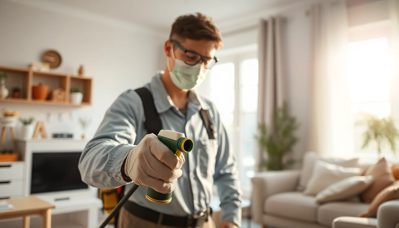 Same day exterminator actively treating a home for pests with professional care.