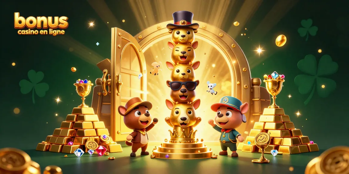Découvrez les offres de bonus casino en ligne avec une illustration d'un totem doré entouré de richesses.