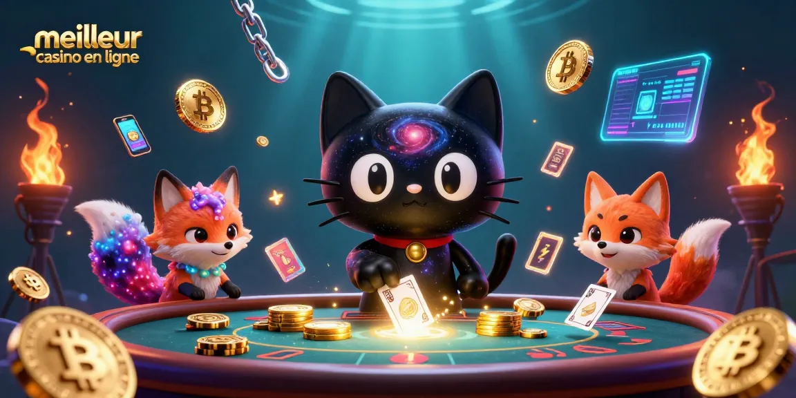Meilleur casino en ligne avec un chat trou noir intergalactique et un renard nébuleux attirant des jetons dorés dans une scène dynamique.
