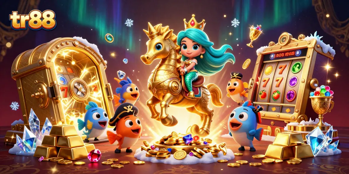 Spin the reels with tr88 in this vibrant casino-themed 3D illustration featuring mermaid and treasure elements.